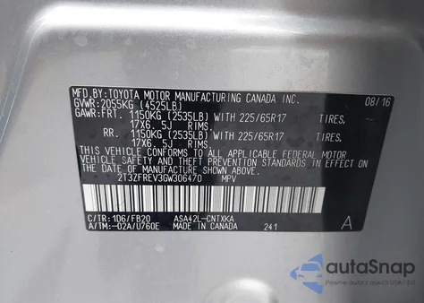 2016 Toyota Rav4 Le z USA, uszkodzony, nr VIN 2T3ZFREV3GW306470